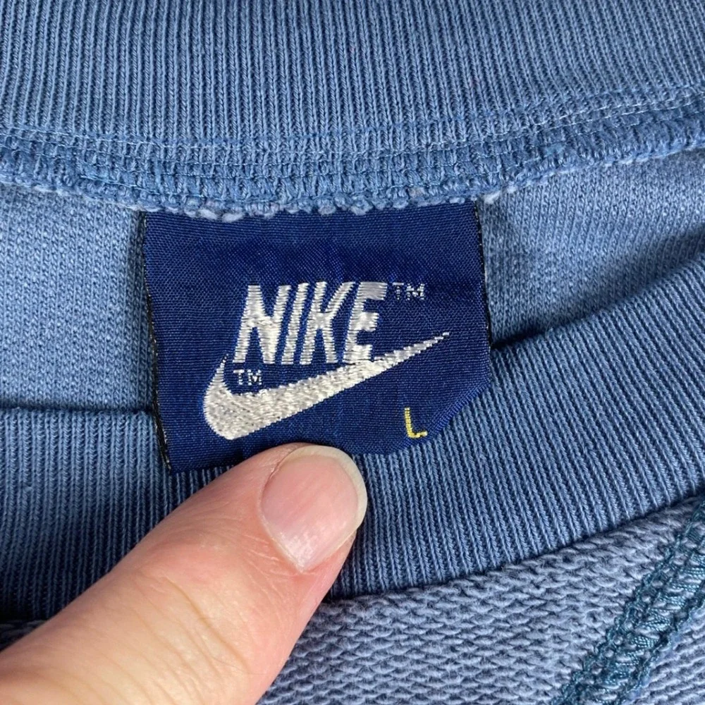 Vintage 90s Nike Raglan Sweatshirt Blue Embroidered Logo Mens Large Distressed